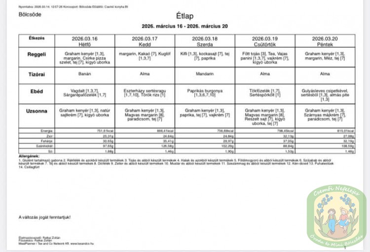 Étlap - óvoda, bölcsőde Étlap - óvoda, bölcsőde