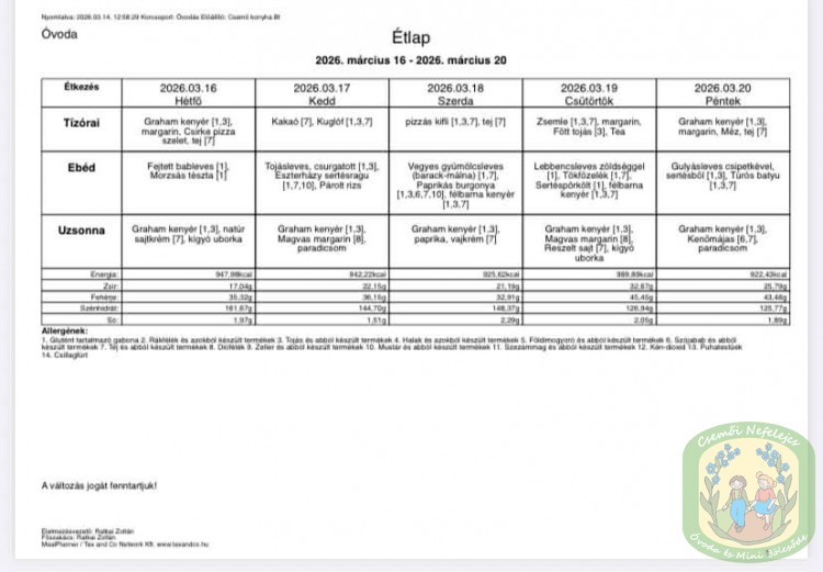 Étlap - óvoda, bölcsőde Étlap - óvoda, bölcsőde