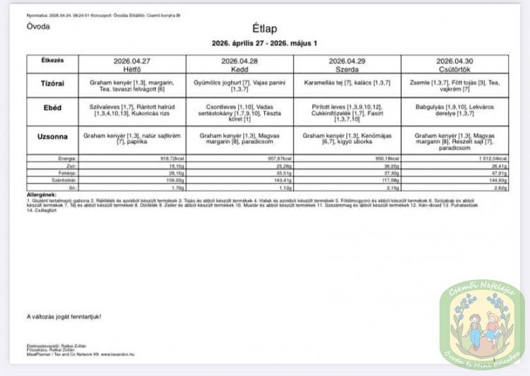 Étlap - óvoda, bölcsőde